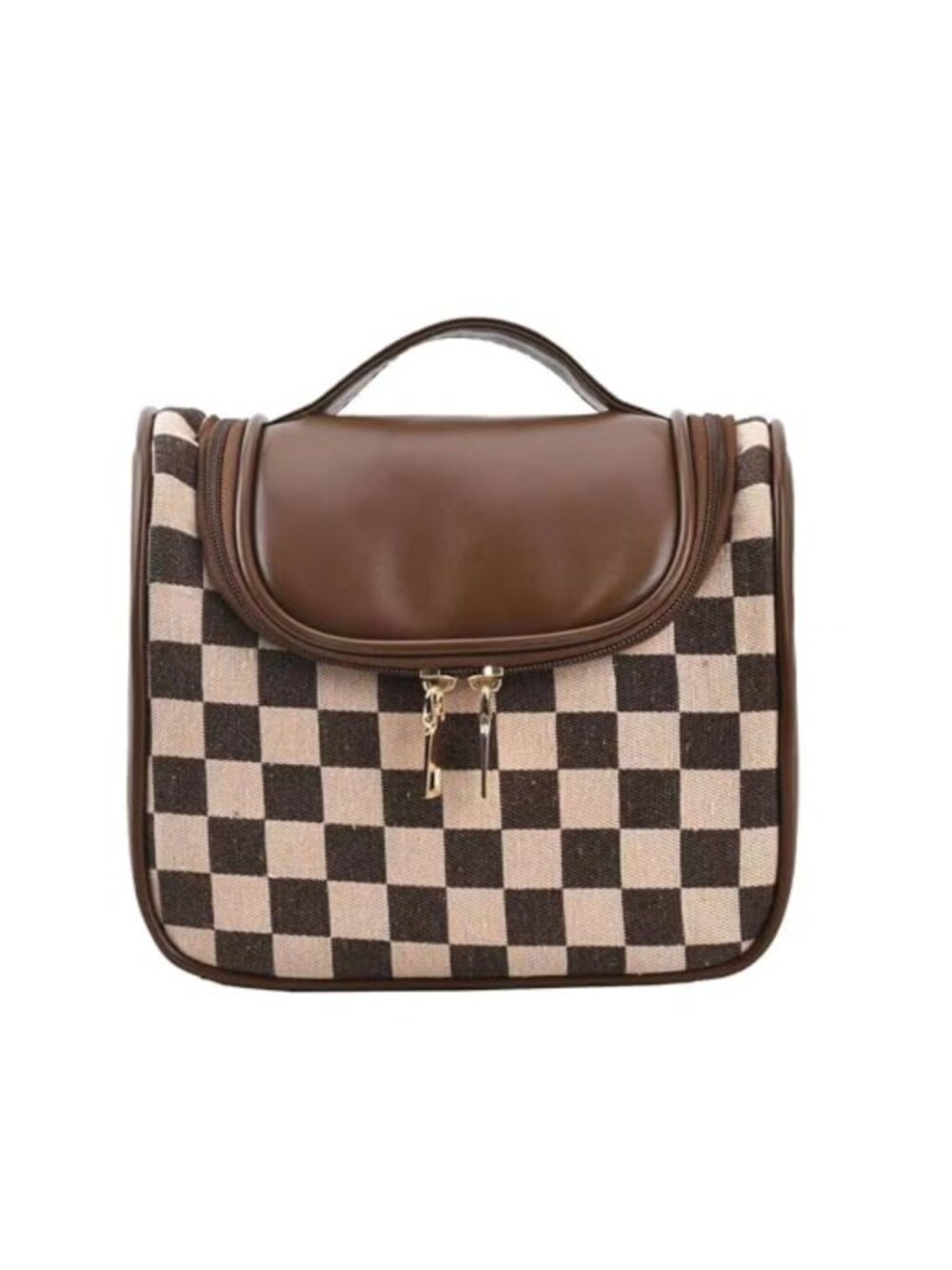 Retro Checkered Cosmetic Bag PU Woven Leather Large Capacity Makeup Pouch